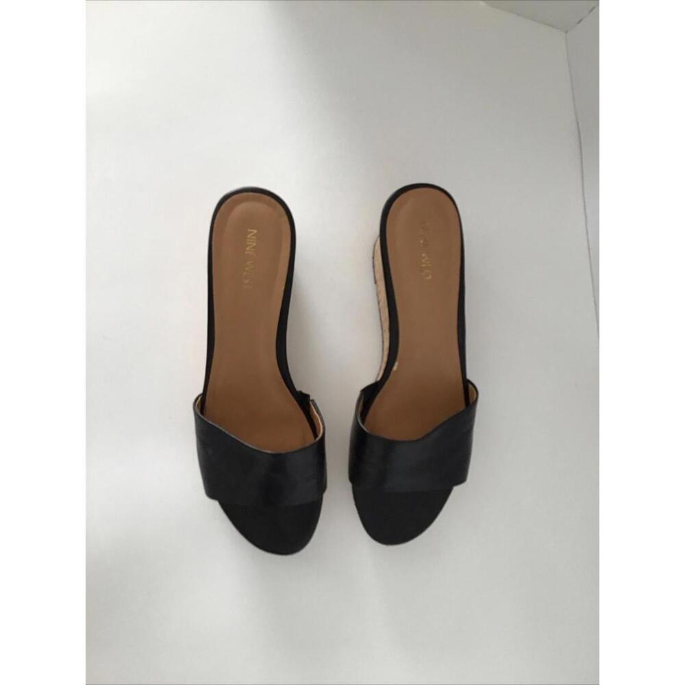 Nine West Black Leather Cork Wedge Slide on Sandal Woman’s Size 9.5 - Picture 5 of 9